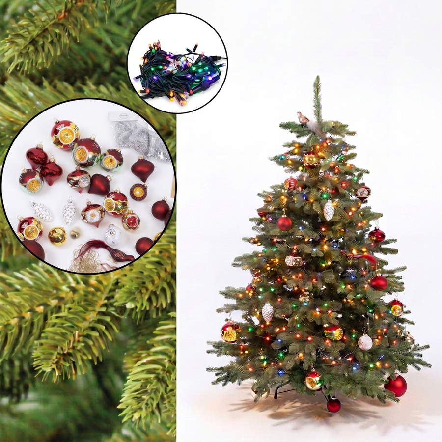 Realistic Nordmann Christmas Tree 150 cm + Signature decoration set + 100 multicolour LED lights