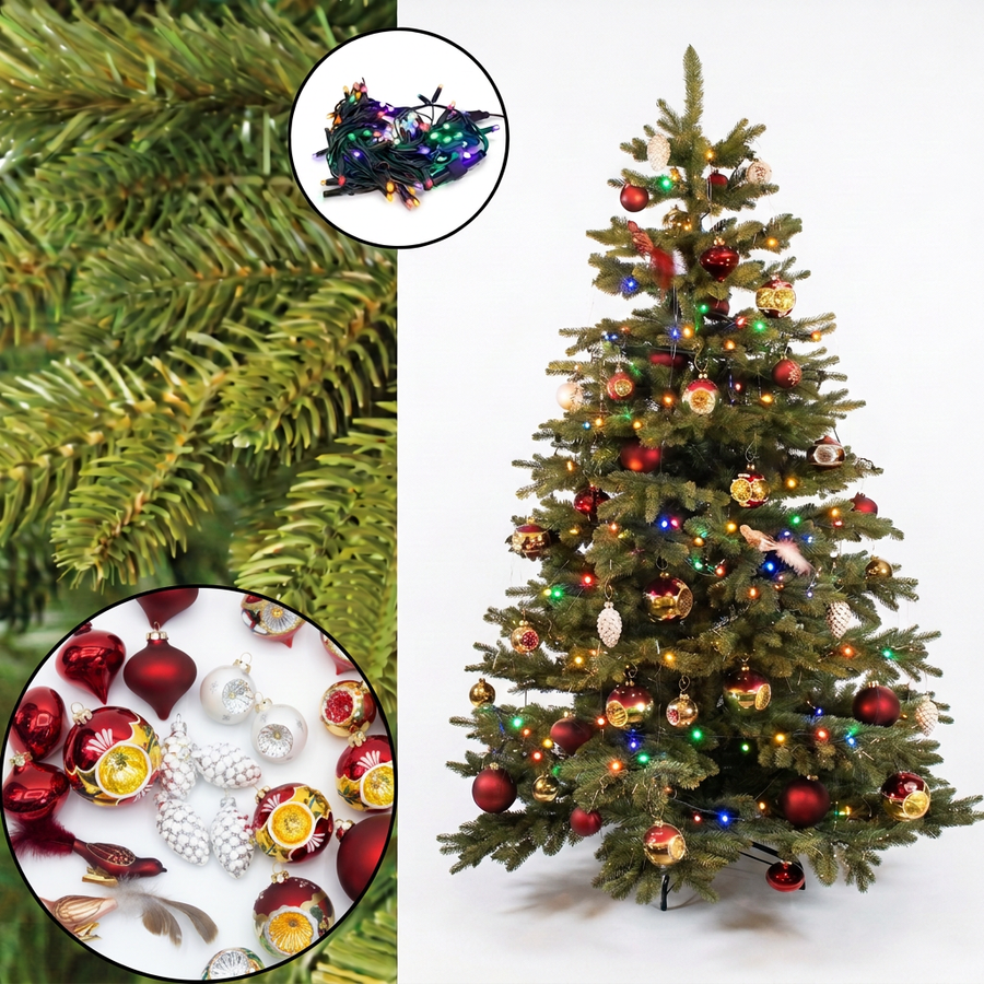 Realistic Nordmann Christmas Tree 180 cm + Signature decoration set + 200 multicolour LED lights
