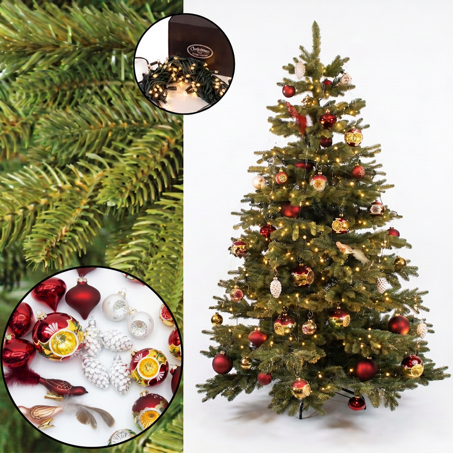 Realistic Nordmann Christmas Tree 180 cm + Signature decoration set + 200 warm-white LED lights