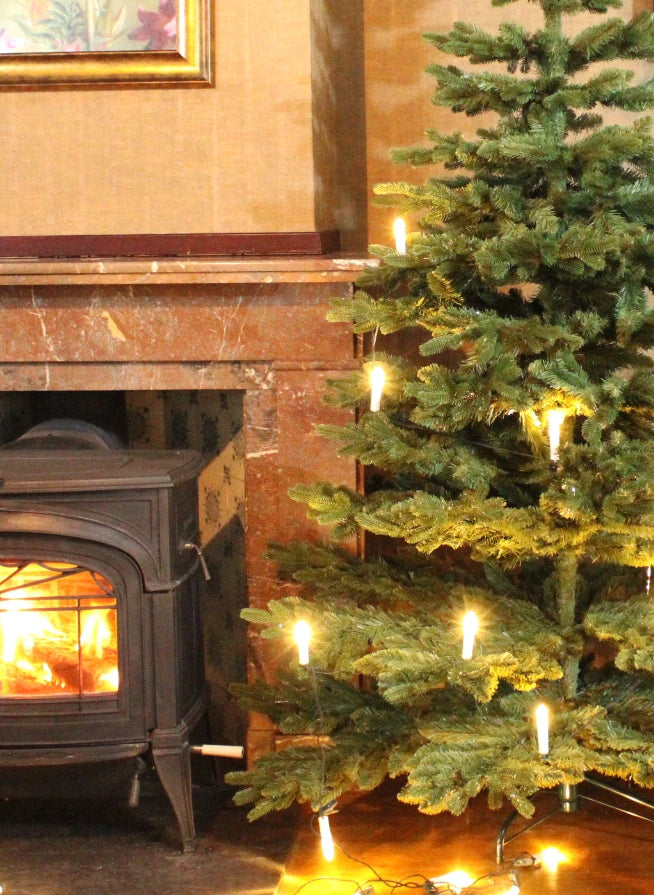 Christmas tree beside a fireplace